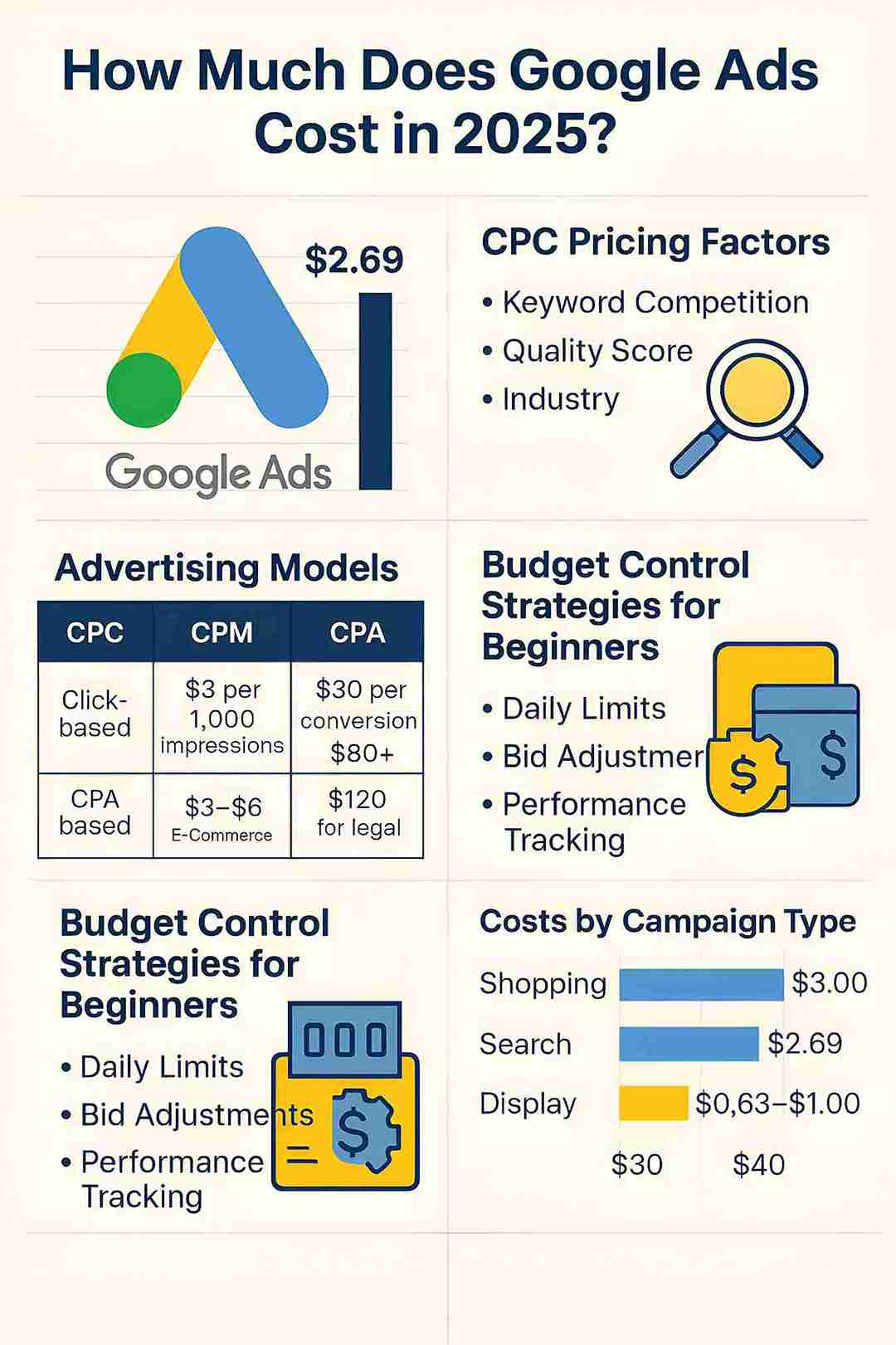 Infographic recap of Google Ads CPC benchmarks and pricing tables
