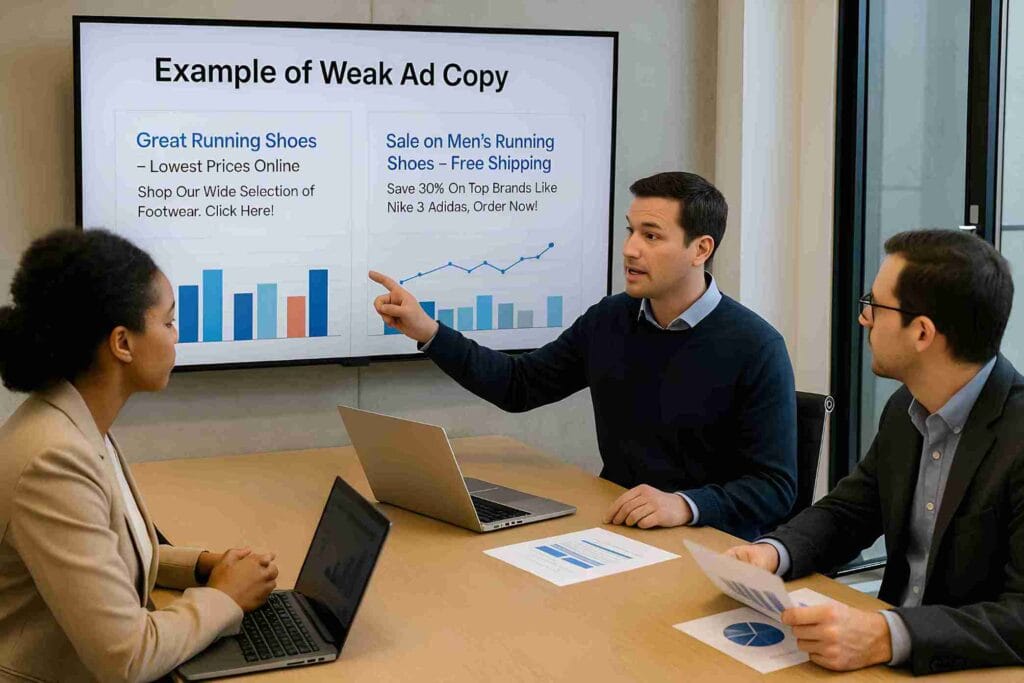 Professional marketing team comparing weak vs strong Google Ads copy results.