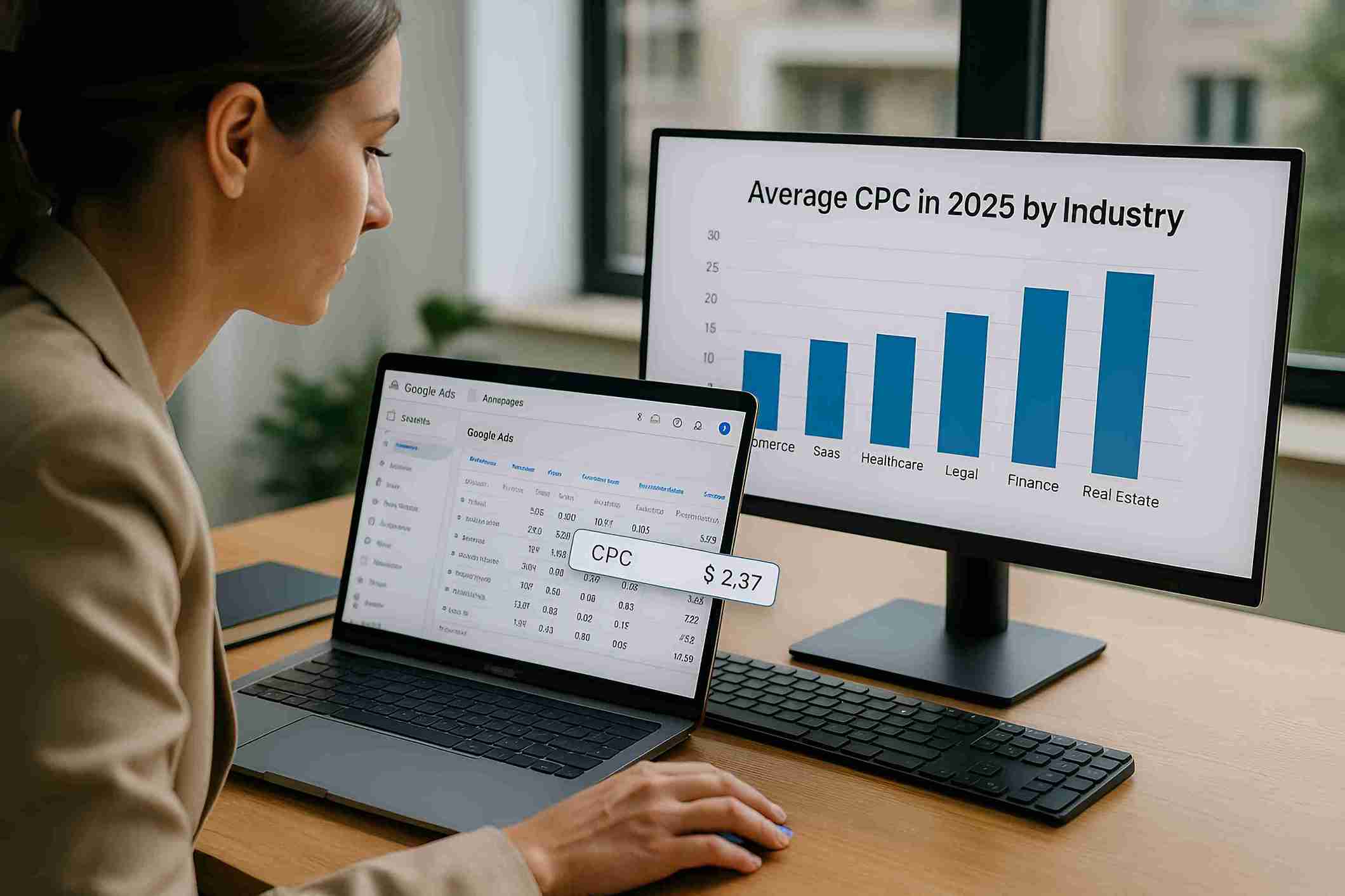 CPC by industry comparison on dual monitors with charts and tables
