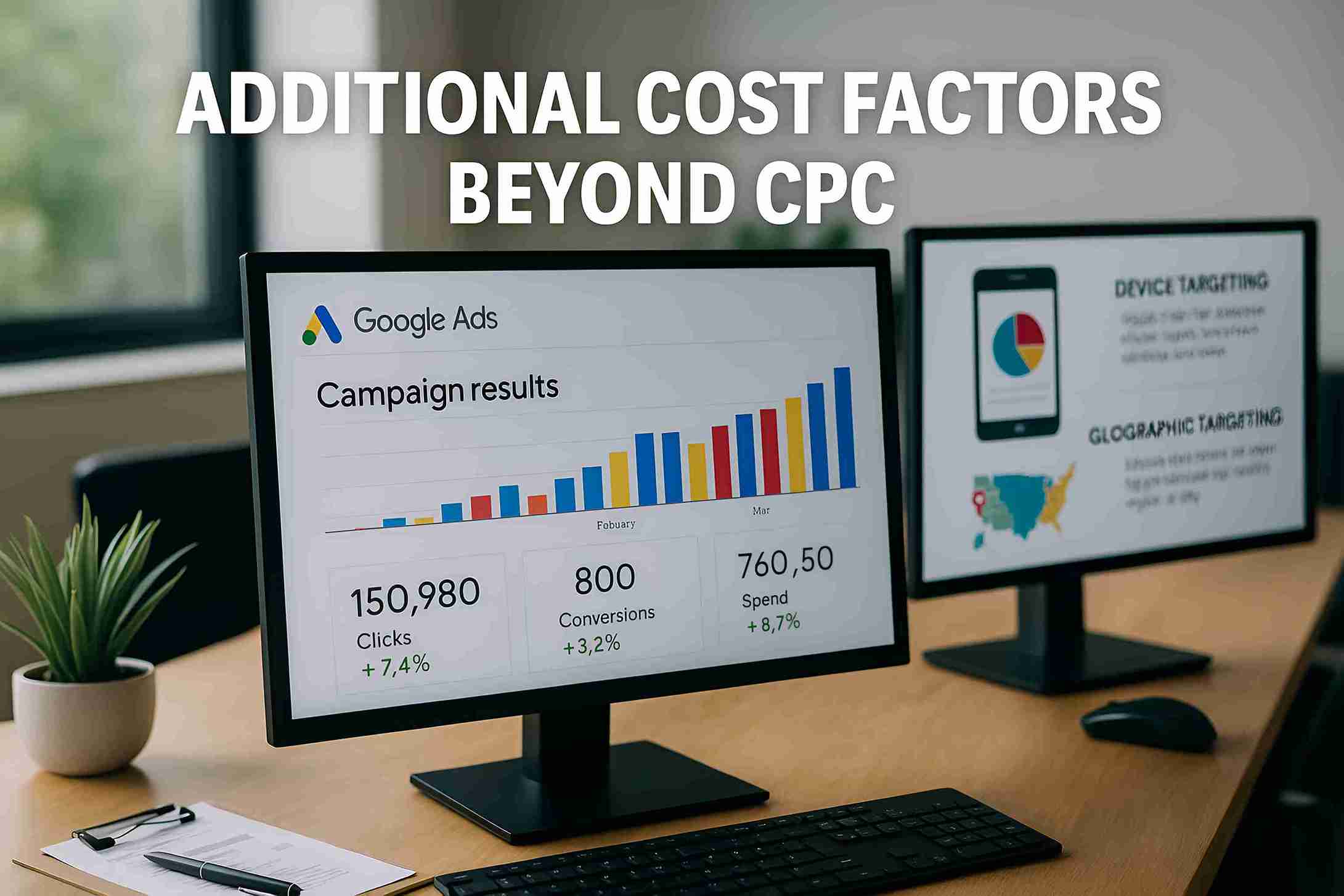 Google Ads cost factors showing devices, maps, and scheduling graphs