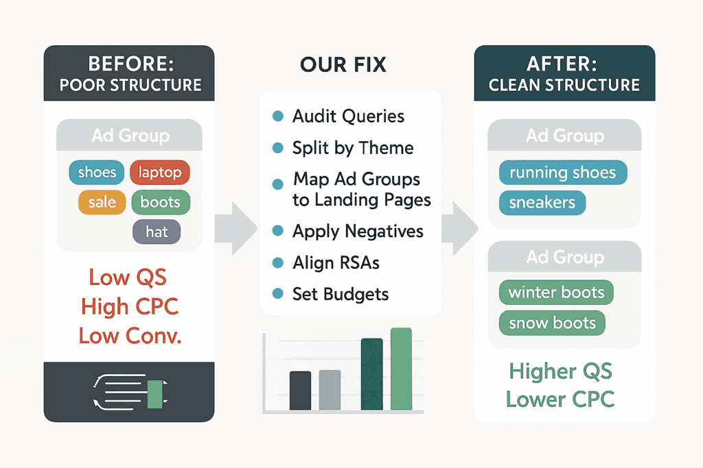 Before/After infographic showing poor vs clean Google Ads campaign